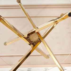 Tavolo da pranzo moderno salvaspazio dorato con gamba in metallo incrociato e vetro per uso cucina o soggiorno - Product Image 6
