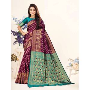 WEDDING WEAR BANARASI SILK JACQUARD WORK <b>SAREE</b> WITH UNSTITCHED BLOUSE <b>PURPLE</b> - Product Image 1