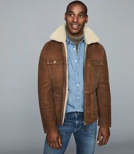 Men's Reversible Sherpa Lined Leather Aviator Shell <b>Jacket</b> Windproof Zip-Up with Front Pockets for Winter - Product Image 1