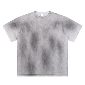 เสื้อยืดฮิปฮอปสไตล์วินเทจสีซีดแบบฟอกกรด พิมพ์ลายด้วยมือ ทรงหลวมไหล่ตก ผ้าฝ้าย 100% สำหรับผู้ชาย แขนสั้น - Product Image 1
