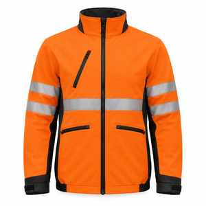 Veste de travail softshell orange haute visibilité avec bandes réfléchissantes, uniforme de sécurité industrielle, poches utilitaires, vêtements de protection pour l'extérieur - Product Image 1