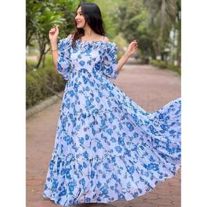 Vestido largo floral azul para mujer, vestido informal de verano con hombros descubiertos y volantes, vestido de fiesta - Product Image 3