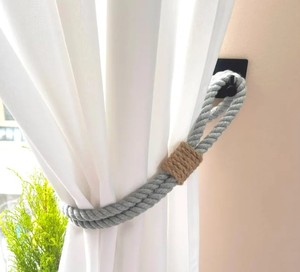 Grey Cotton Curtain Holdback – Handmade <b>Tieback</b> with Jute Decor – Elegant Window Accessory - Product Image 1