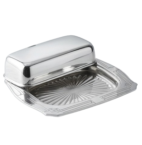 Beurrier rectangulaire argenté avec couvercle rabattable, en métal poli, design classique pour la cuisine et les réceptions - Product Image 5