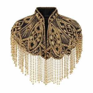 Capa con cuello chal de encaje con cuentas negras y doradas, con flecos y bordado de lentejuelas, para fiesta, boda o escenario - Product Image 1