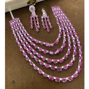 Glamorous Premium Quality Silver Finish CZ Doublet Multi Layered <b>Long</b> <b>Necklace</b> Set with Earrings Wedding Wear Collection - Product Image 1