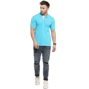 Polo en coton piqué bleu clair à manches courtes pour homme, boutonné, coupe classique, tricoté, couleur unie, décontracté - Product Image 5