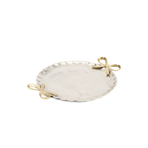 Polished Metal <b>Serving</b> <b>Tray</b> With <b>Gold</b> Leaf Handles Elegant Residential Use - Product Image 1
