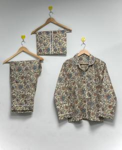 Unique Summer Autumn Floral Cotton Eco-Friendly Pajama <b>Set</b> for Women Indian Block <b>Print</b> Sleepwear Button Night Suit <b>3</b> Piece - Product Image 4