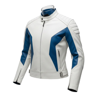 Jaket Motor Kulit PU Pria Warna Putih Biru Model Color Blocking Kerah Tegak Ritsleting Slim Fit Gaya Biker untuk Musim Semi