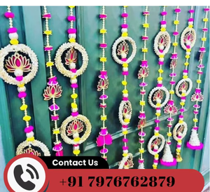 Décoration murale bohème en fibres végétales avec pompons et motif lotus pour la décoration intérieure d'entrée pour Diwali, forme de fleur multicolore - Product Image 3