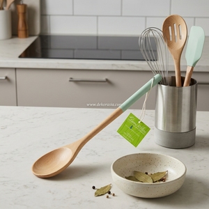 Nouvelle spatule ovale de cuisine en couleur unie, durable, avec poignée en bois écologique, pour cuisiner et servir - Product Image 5
