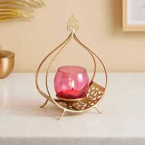 Modern Gold Geometric Cube Candle <b>Holder</b> with Glass Cup Iron Wire Lantern <b>Tealight</b> Stand for Wedding Centerpiece Skies Trader - Product Image 2