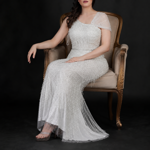 Luxury White One Shoulder Beaded Evening Gown for Women Fringe Mermaid Maxi Dress Formal Wedding Reception Party Prom Dress - Product Image 4