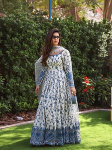 Blue Floral Embroidered Faux Georgette Salwar Kameez <b>Netted</b> Dupatta Long Sleeve Wedding Party Dress Fully Stitched Ready Indian - Product Image 3