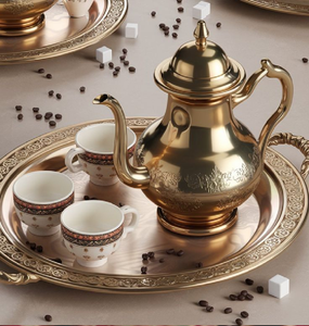 Service à thé floral en or poli avec thé chaud et en-cas. Service de thé de luxe. Disponible aux prix de gros. - Product Image 5