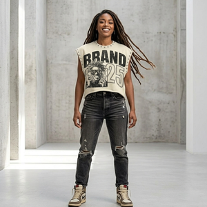 Camiseta sin mangas con estampado gráfico DTG, estilo vintage, con efecto desgastado y pedrería, personalizada, nueva tendencia, para unisex. - Product Image 4