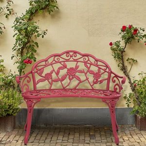 Outdoor Cast Aluminum Rose Pattern Red Patio Bench with Curved Legs for Porch or Deck - Product Image 5