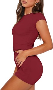 <b>Burgundy</b> 2 Piece Set Crew Neck <b>Short</b> Sleeve Top High Waist <b>Shorts</b> Seamless Solid Color Yoga Outfit - Product Image 2