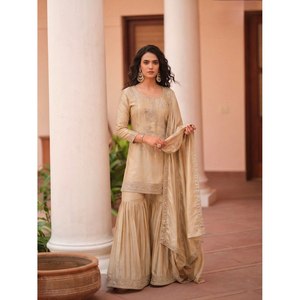 Traje Sharara de Seda Satinada Bordada en Beige para Mujer, Conjuntos de Traje Cómodos para Mujer con Salwar Kameez - Product Image 1