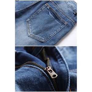 Shorts en jean déchirés et délavés pour homme, style streetwear, coupe droite, taille mi-haute, décontracté, été, en coton bleu, lavable, effet soyeux - Product Image 4