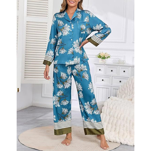 2 Piece Satin Pajama Set Long Sleeve Notch Collar Button Front <b>Pants</b> Side Pockets - Product Image 2
