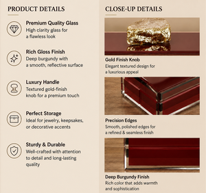Burgundy Glass Jewelry Storage <b>Box</b> with Gold Finish Natural Stone Knob Glossy Finish Decorative Keepsake and <b>Vanity</b> Organizer - Product Image 3