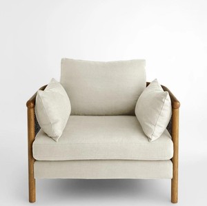 Scandinavian Wooden Armchair With <b>Cane</b> Back And Cream Upholstery Modern Leisure <b>Chair</b> For Living Room - Product Image 2