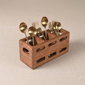 Modern Rustic Wooden Cutlery <b>Caddy</b> Decorative <b>Table</b> Organizer for Cafe Dining Restaurant and Kitchen Serving - Product Image 1