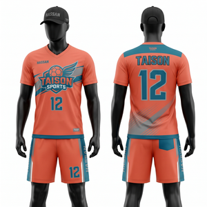 Uniforme de volley-ball pour hommes, tissu en maille polyester 160 GSM respirant, anti-humidité, design à panneaux contrastés orange et turquoise, sublimation. - Product Image 1