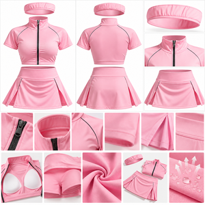 Ensemble de sport respirant 3 pièces uni pour femme : veste courte zippée, jupe-short de tennis taille haute et bandeau – Idéal pour le yoga et l'entraînement - Product Image 4