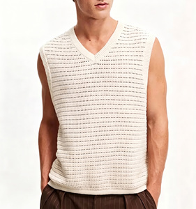 Gilet pull décontracté pour homme en laine/acrylique, uni, anti-plis, col en V, sans manches, tricoté à la machine, maille 12GG, 160g - Product Image 1