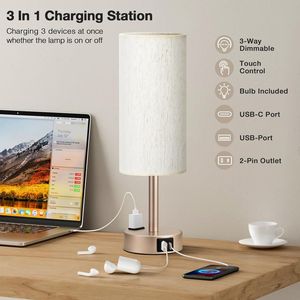 3 Way Dimmable Gold Base <b>Bedside</b> <b>Table</b> Lamp for Bedroom USB C Charging Ports AC Outlet Small Lamp with Flaxe Design - Product Image 1