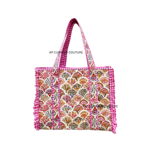 กระเป๋าโท้ทผ้าฝ้ายลายพิมพ์บล็อกแบบจาไปร์  ตกแต่งระบาย  รักษ์โลก  งานฝีมือ  ดีไซน์อินเดีย  สำหรับผู้หญิง  ใช้ช้อปปิ้งหรือใช้ในชีวิตประจำวัน - Product Image 1