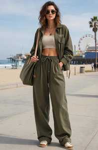 Conjunto Deportivo Casual Ecológico 2 en 1 para Mujer, Color Verde Oliva, Chaqueta Holgada de Manga Larga con Pantalones con Cordón - Product Image 4