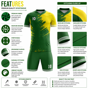Ensemble short et maillot de football sublimé vert et jaune, col en V, manches courtes, respirant, polyester, coupe athlétique pour homme, toutes saisons - Product Image 6