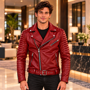 Rote Lederjacke für Herren aus echtem Leder mit Gürtel, Reverskragen und gesteppten Ärmeln, klassische Bikerjacke für Mode und Großhandel. - Product Image 1