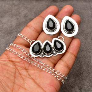 Ensemble de bijoux de luxe en argent sterling 925, boucles d'oreilles et collier en onyx noir naturel taille goutte d'eau, pour femmes, bijoux de mariage - Product Image 1