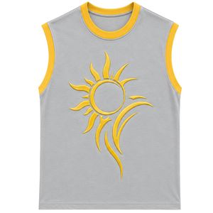 Gray And Yellow Sleeveless Tank Top With Sun Graphic Design Women Casual Summer Cotton Vest Round Neck Custom Fashion Tops OEM - Product Image 1