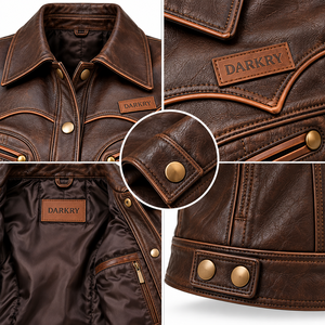 Custom Womens Brown Vintage Western Genuine Leather Jacket Distressed Biker Outerwear Slim Fit OEM Snap <b>Button</b> <b>Coat</b> Retro - Product Image 6