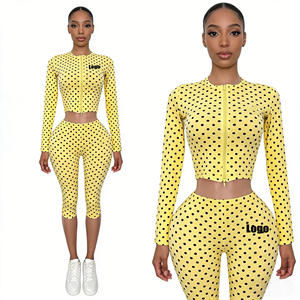 2026 Trend Custom 2 Piece Outfits Polka Dot Crop Long Zip up Top and Knee-length <b>Shorts</b> Soft Stretchy Yoga Summer Sets for Women - Product Image 2