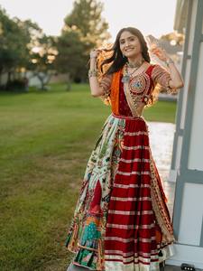 Multicolor Navratri Chaniya Choli Heavy Muslin Cotton <b>Canvas</b> Mirror Work Latkan Lace Fringe Dupatta Traditional Garba Fashion - Product Image 6