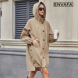 Gabardina Impermeable y Cortavientos para Mujer, Color Caqui, con Capucha, Estilo Moderno, con Cierre y Botones, de Poliéster - Product Image 6