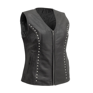 Women Genuine Leather Vest <b>Black</b> Casual Sleeveless V Neck Rhinestone Zip Up Biker <b>Waistcoat</b> Top Selling Fashion <b>Lady</b> Outerwear - Product Image 1