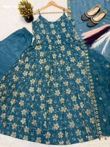 Designer Crush Silk with <b>Beads</b>-Hand & Embroidered Flower work Flared Sleeveless Anarkali Suit-Pant & Dupatta At Wholesale Rate - Product Image 4