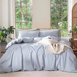 Ensemble de couette en lin bleu clair avec taies d'oreiller, ensemble de literie simple et uni pour la maison et la chambre - Product Image 1