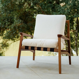 Midcentury Modern Wood <b>Armchair</b> With Cream Cotton Upholstery Outdoor <b>Dining</b> Chair - Product Image 1