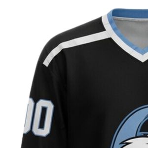 Men Black Blue Sublimated <b>Ice</b> Hockey Printable Polyester V Neck Jersey Long Sleeve Athletic Performance Sports Wear - Product Image 6