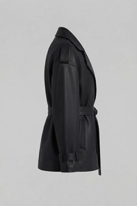 Black Plus Size Faux <b>Leather</b> Belted <b>Jacket</b> Peaked Lapel <b>Long</b> Sleeve Waist Cinch Outerwear - Product Image 2
