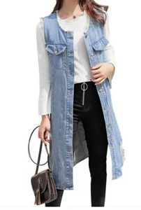 Women's Denim Sleeveless Vest Long Button Front Solid Color Casual Loose Fit Distressed Cotton <b>Jacket</b> Coat Spring Style - Product Image 4